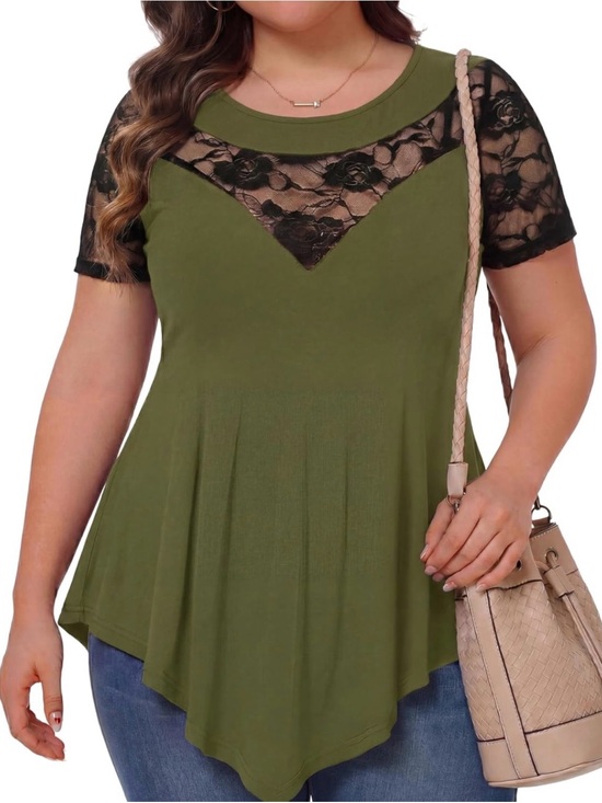 Tops - Plus Size Olive Green Lace Short Sleeve Top